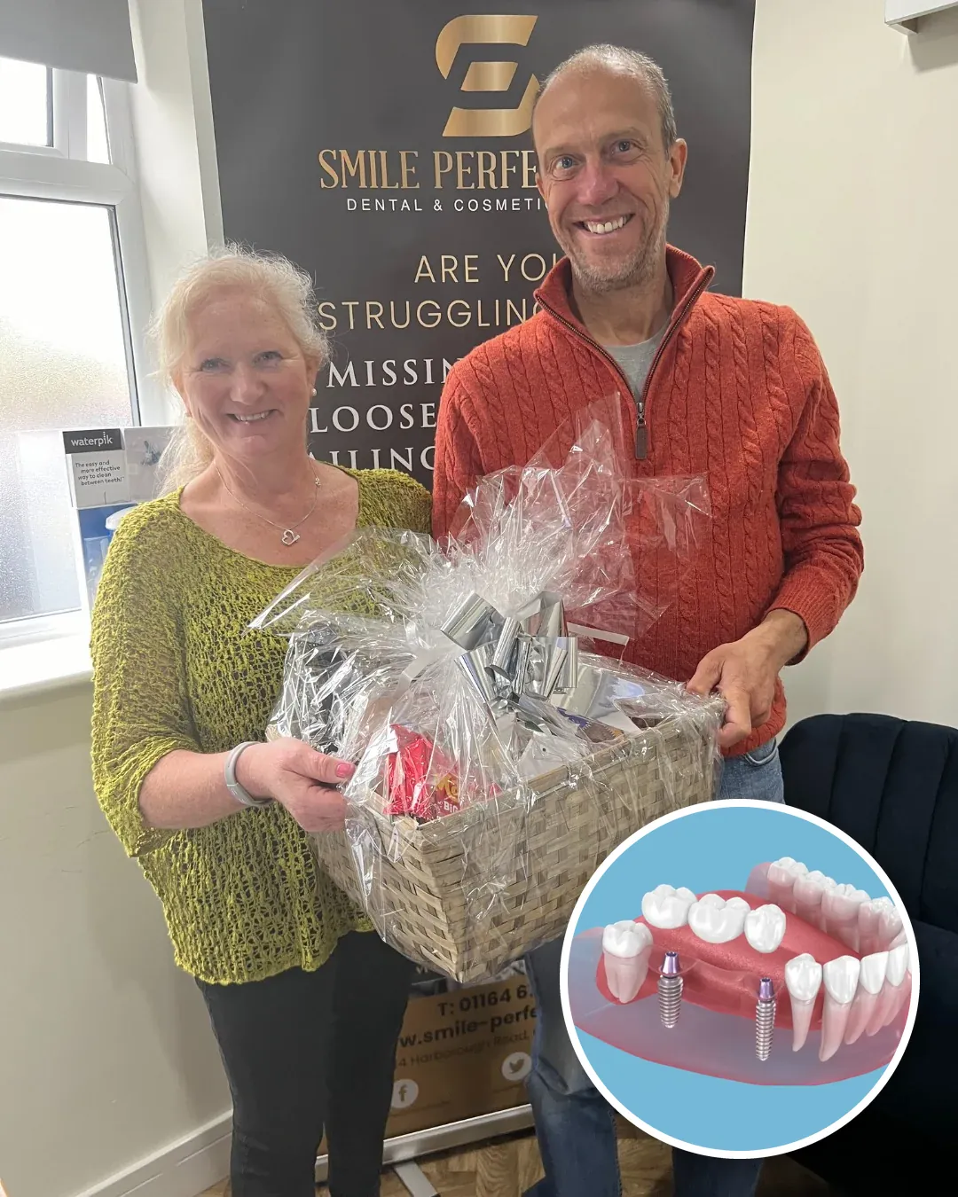Two Smile Perfections patients with a gift hamper, with an implant-supported bridge illustration inset