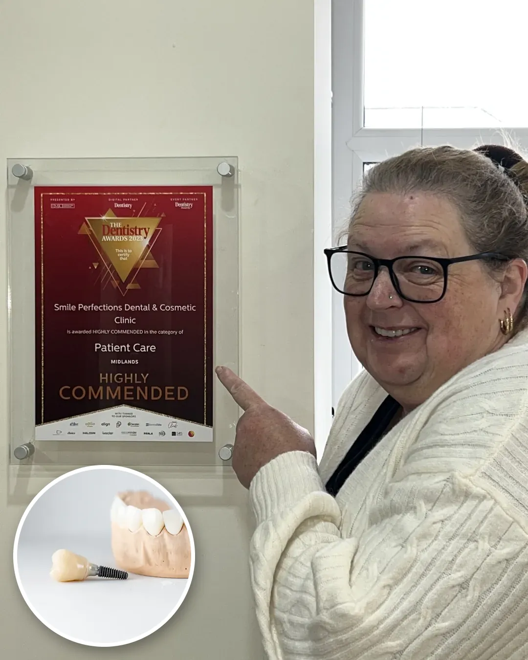 Smile Perfections patient beside the practice's Dentistry Awards 2023 certificate, with an implant crown inset